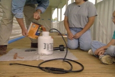filling a sprayer to stain and protect the porch flooring