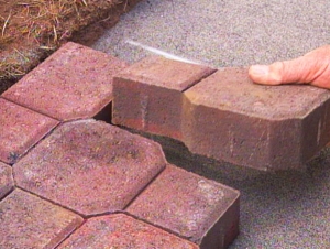 Man laying a red brick on patio 