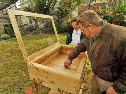 Man opening cold frame outdoors