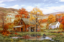 Painting of New England home and barn with fall foliage by Fred Swan