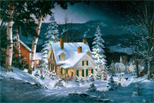 Painting of home with snow falling at night by Fred Swan