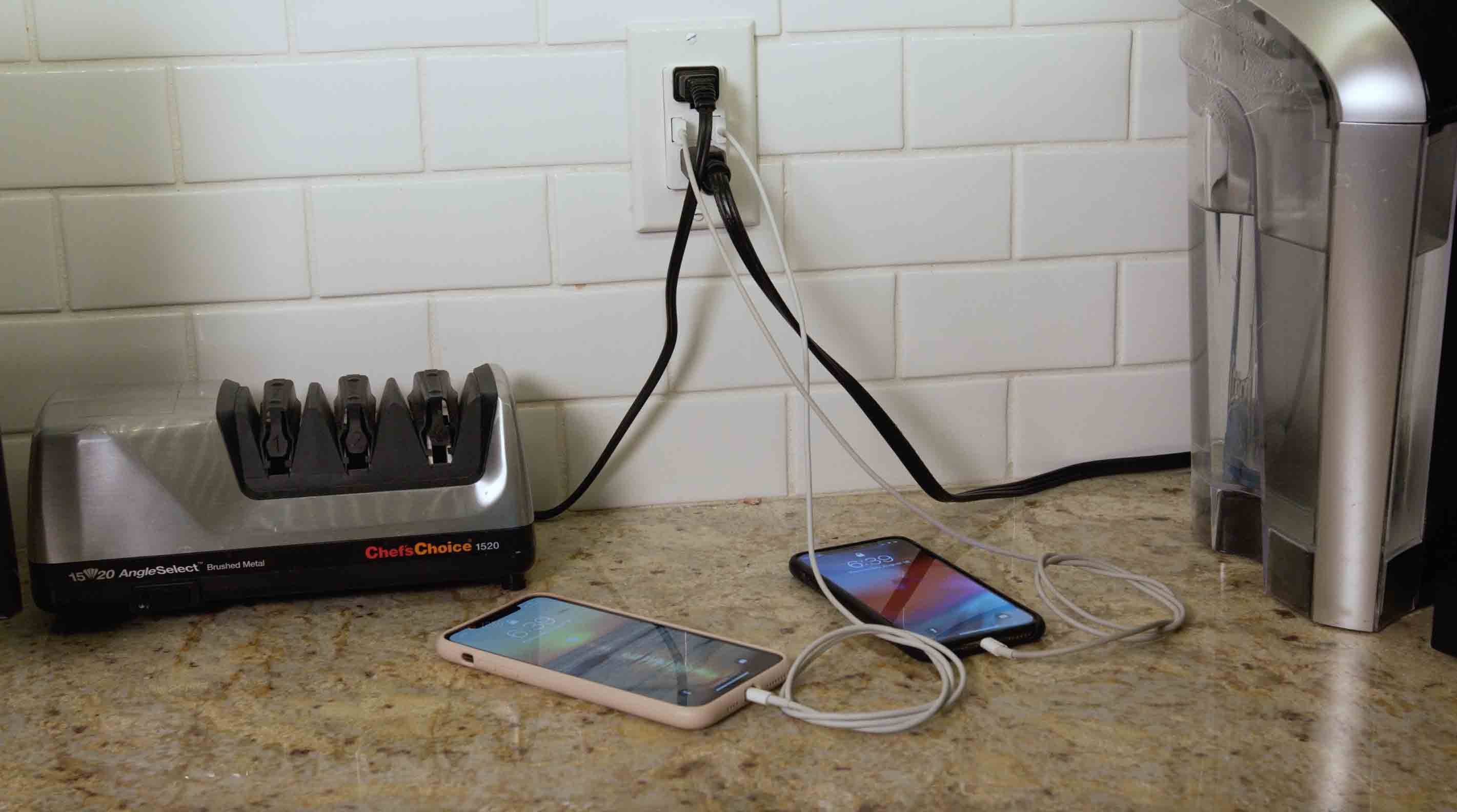 Electrical outlet with USB ports for Iphones and other electrical appliances in kitchen